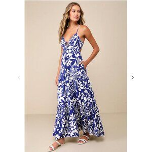 Lulu’s Mykonos Memories Blue and Ivory Abstract Maxi Dress With Pockets Floral